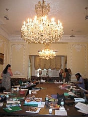 Elaborate chandelier in a classroom